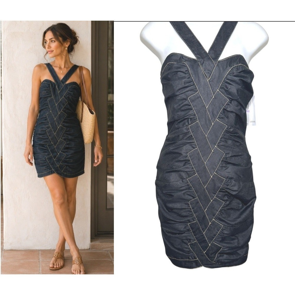 Vintage NWT Jessica McClintock Denim-like Ruched Mini‎ Dress  sz6 90s Y2K Edgy